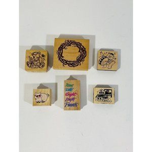 Wood Mounted Rubber Stamp Set Of 6 Scrapbooking Crafts Cards Bear Pig Wreath